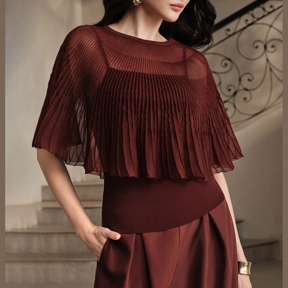 Burgundy Sheer Pleated Cape Overlay Round Neck Knit Blouse Top